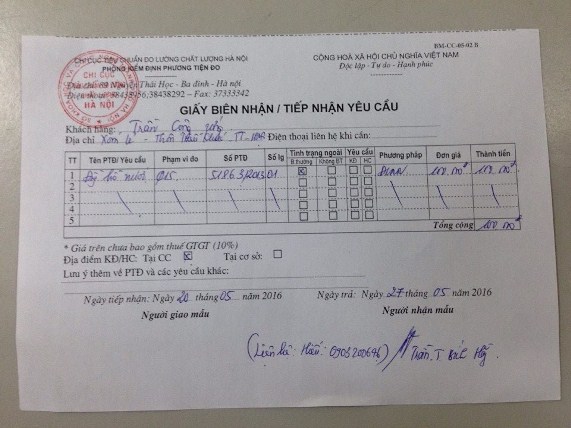 Biên bản tiếp nhận Đồng hồ nước của gia đình ông Ứng để Chi cục Tiêu chuẩn Đo lường Chất lượng Hà Nội kiểm định.